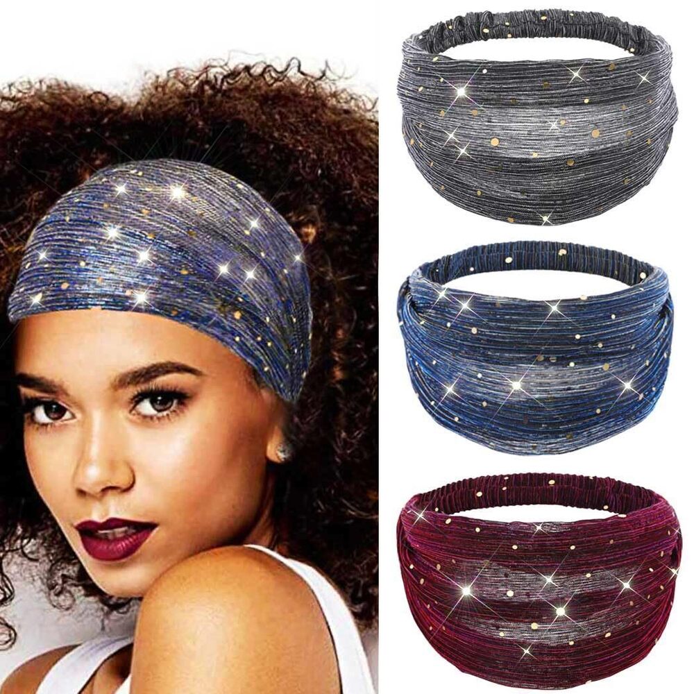 8528 Sequin Wide Headband Black Turban Headbands African Glitter Head Wraps